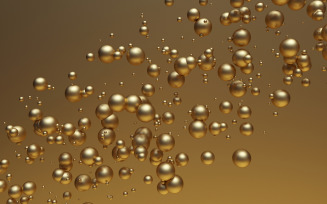 3D glowing golden liquid bubbles balls floating in air. Wallpaper background for holiday template.