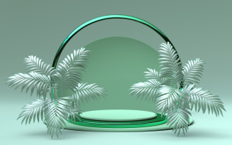 3D minimal geometric scene with round podium and green tropical abstract summer palm tree