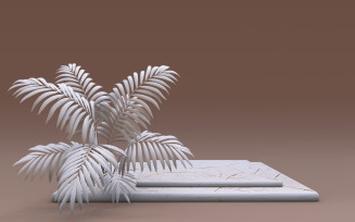3D white square podium with palm. Cosmetic, beauty product promotion pedestal.