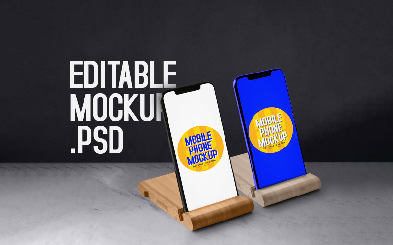 Mobile Display with Wooden Piece Mockup Product Mockup