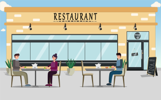 People enjoying food in restaurant, flat design vector characters, sit at table in restaurant.
