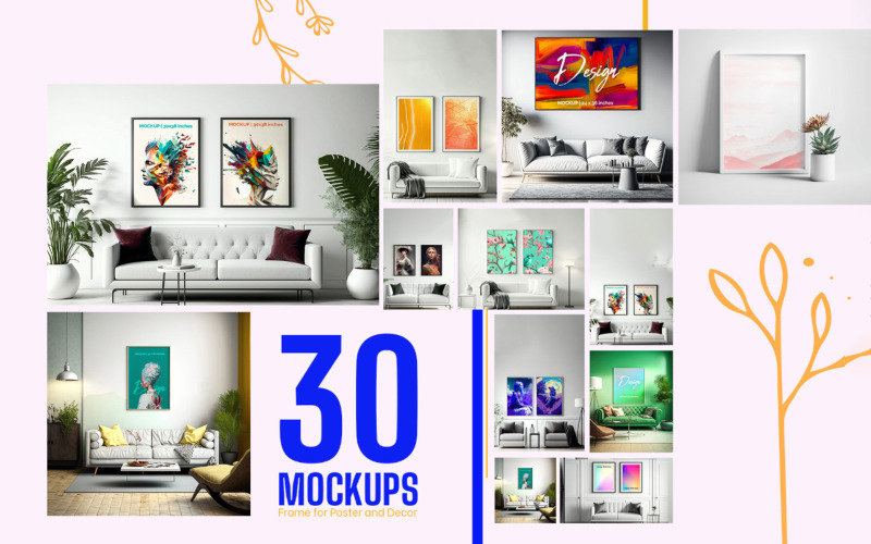 Poster Frames Mockup Bundle - 30 Interior Scenes Product Mockup