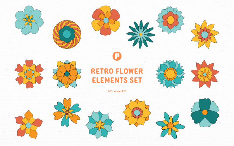 Yellow & Turquoise Retro Flower Element Set Illustration