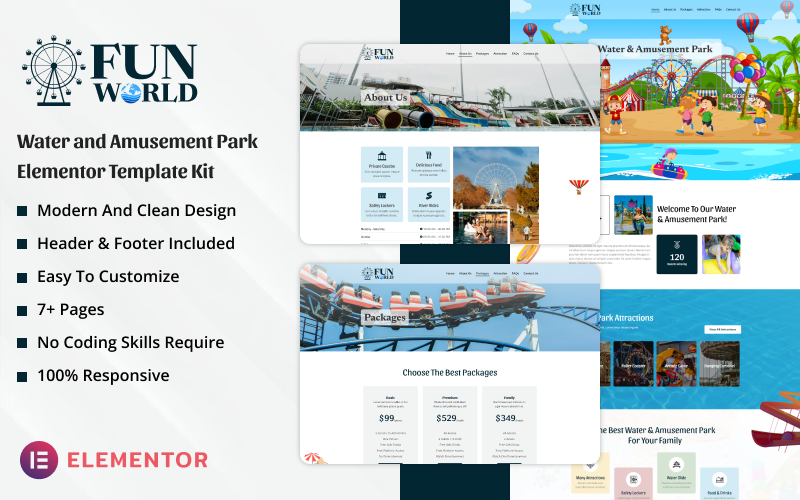 Fun World - Water and Amusement Park Elementor Template Kit Elementor Kit