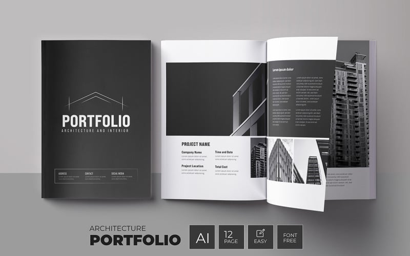 Portfolio Design and architecture portfolio with Black and White Magazine Template