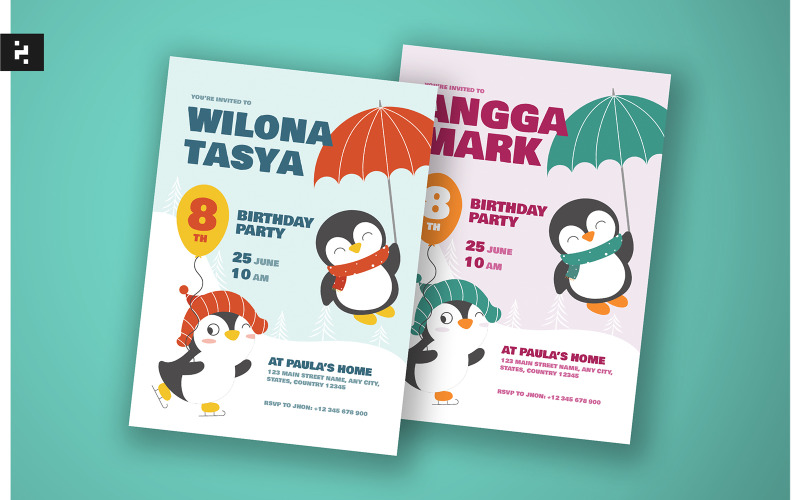 Cute Kids Birthday Invitation - Penguin Corporate Identity