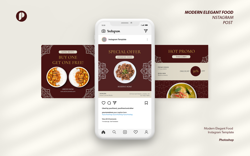 Dark Maroon Modern and Elegant Asian Food Instagram Template Social Media