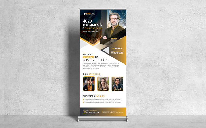 Conference Roll Up Banner, Signage, Standee, and X-Banner Template for Advertising with Blue, Yellow Corporate Identity