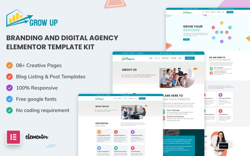 Grow Up - Branding and Digital Agency Elementor Template Kit Elementor Kit
