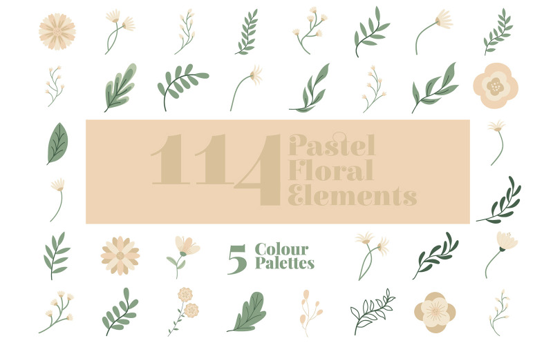 114 Floral Elements in 5 Pastel Color Palettes: Vector and PNG Files for Creative Projects Vector Graphic