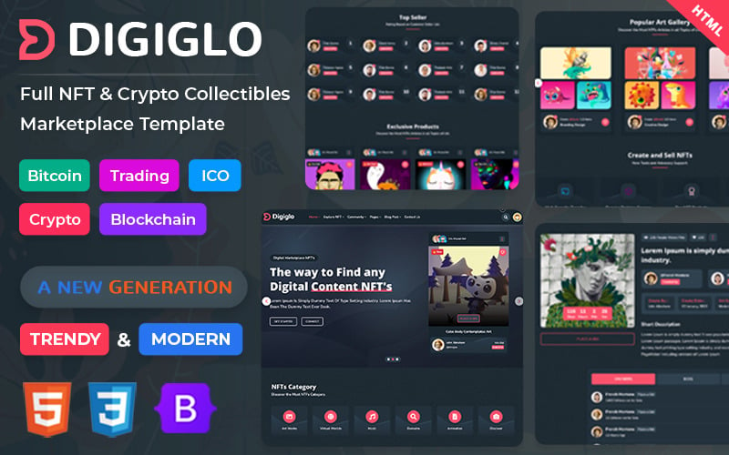 Digiglo - NFT Collectibles Marketplace HTML5 Template Website Template