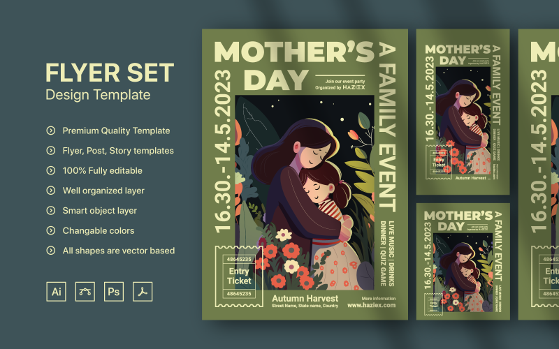 Mother's Day Event Promotion Flyer Set Design Template Corporate Identity