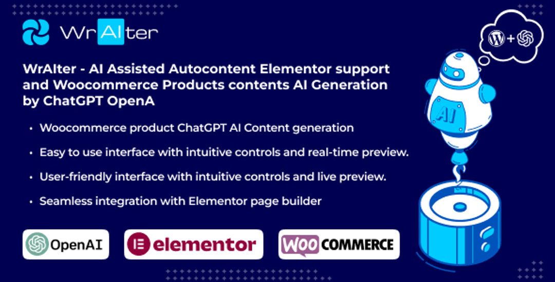 WrAIter - AI Assisted Autocontent Elementor support and Woocommerce Products contents AI Generation