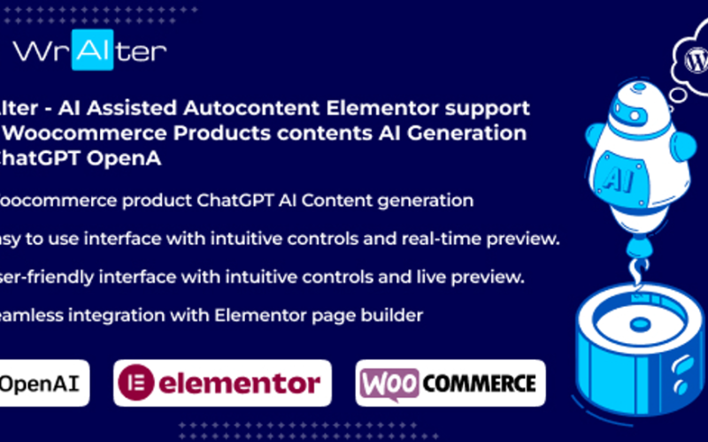 WrAIter - AI Assisted Autocontent Elementor support and Woocommerce Products contents AI Generation WordPress Plugin