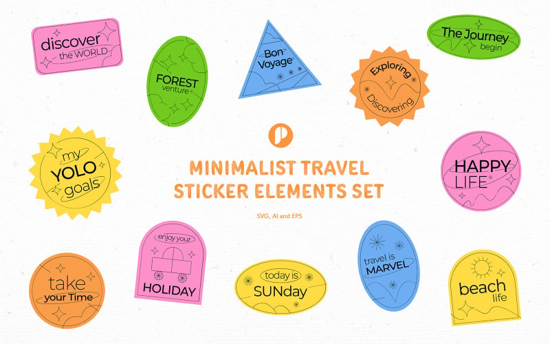 Bright Color Minimalist Travel Sticker Elements Set Illustration