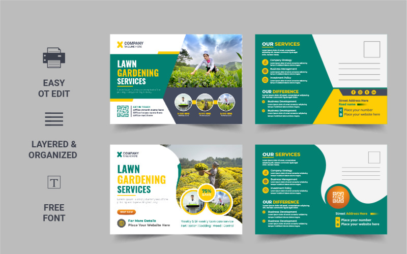 Creative Lawn Mower Garden or Landscaping Service Postcard design Layout Corporate Identity