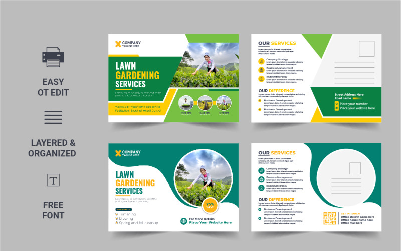 Creative Lawn Mower Garden or Landscaping Service Postcard design template Layout Corporate Identity