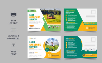 Creative Lawn Mower Garden or Landscaping Service Postcard Template Layout