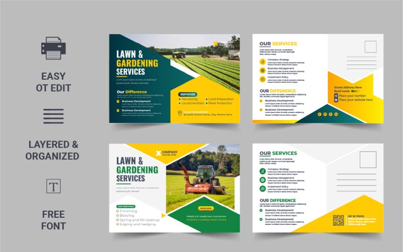 Lawn Mower Garden or Landscaping Service Postcard design template Layout Corporate Identity