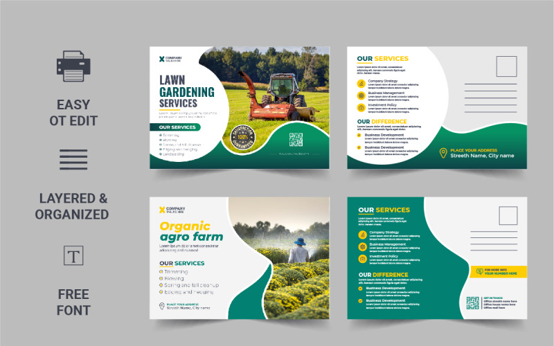 Lawn Mower Garden or Landscaping Service Postcard design template Corporate Identity