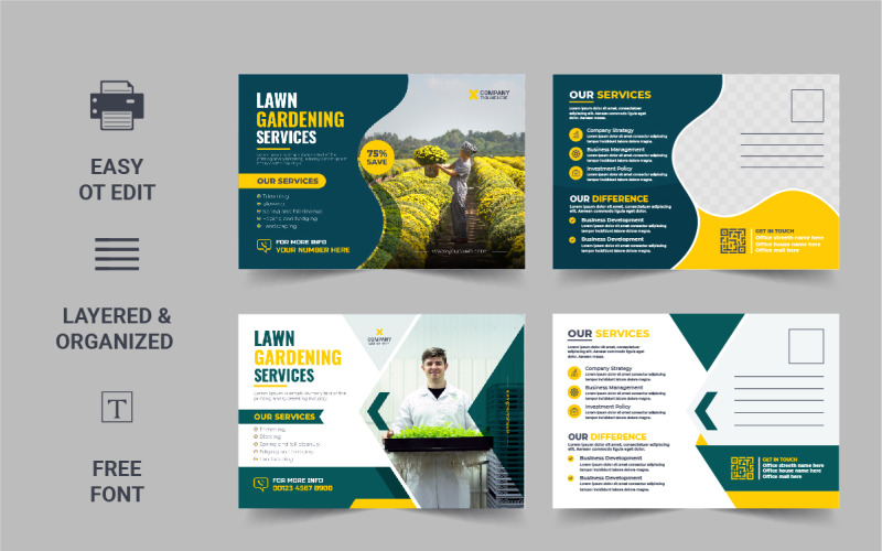 Lawn Mower Garden or Landscaping Service Postcard design Corporate Identity