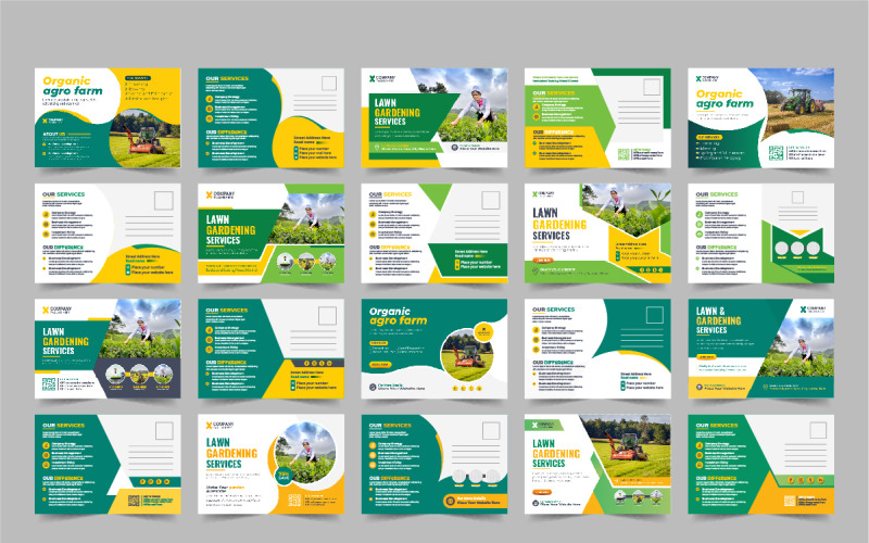 Lawn Mower Garden or Landscaping Service Postcard Template bundle Corporate Identity