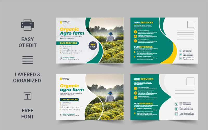 Lawn Mower Garden or Landscaping Service Postcard template design Corporate Identity