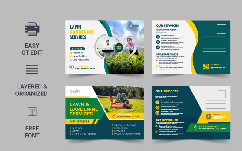 Lawn Mower Garden or Landscaping Service Postcard Template Corporate Identity