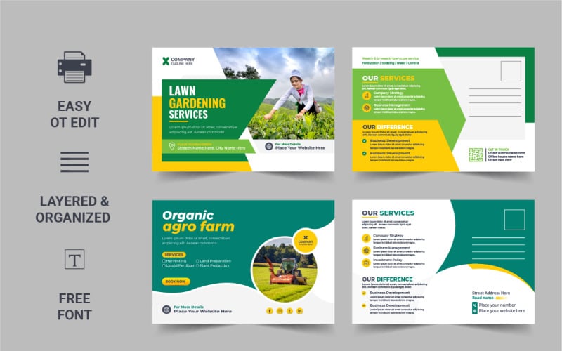 Modern Lawn Mower Garden or Landscaping Service Postcard Template Corporate Identity