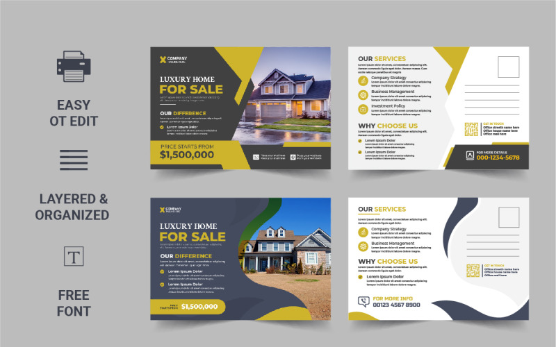 Real Estate Postcard Template, Real Estate or home sale eddm Postcard Template Design Corporate Identity
