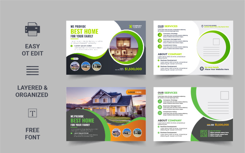 Modern Real Estate Postcard Template, Real Estate or home sale eddm Postcard Design Layout Corporate Identity