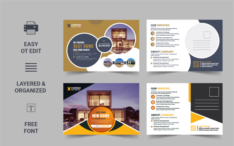 Real Estate Postcard Template, Real Estate or home sale Postcard Design Template Layout Corporate Identity