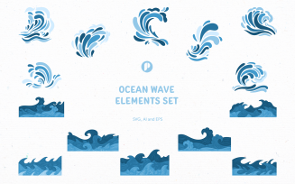 Blue Ocean Wave Element Illustration Set