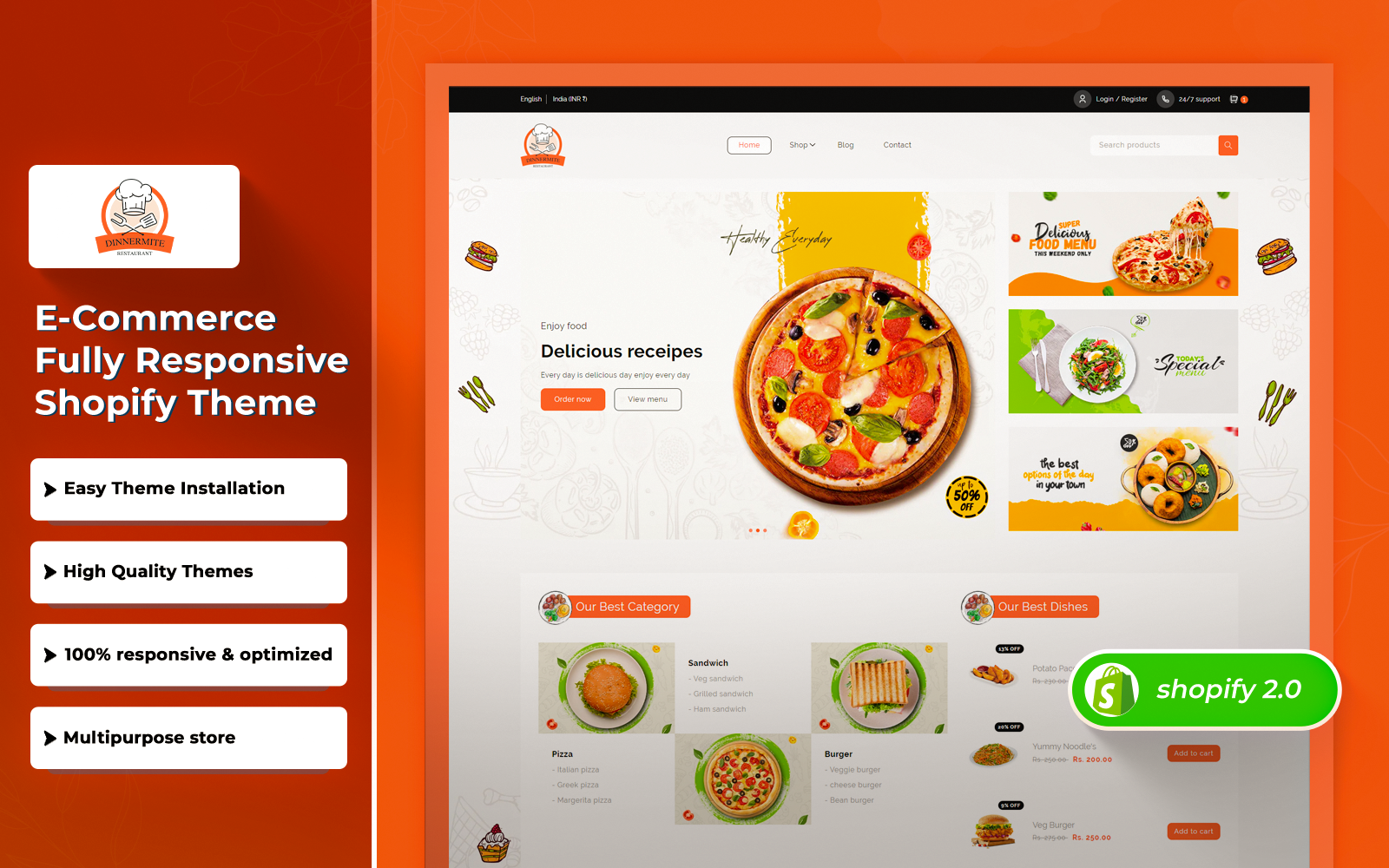 Dinnermite - Food Delivery and FastFood Store Shopify 2.0 Responsive Theme