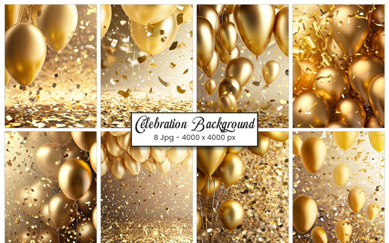 Celebration banner with gold confetti and balloons Background
