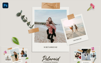 Polaroid photo templates with leaves on grey wall
