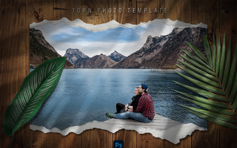 Torn photo template with leaves and shadows Illustration