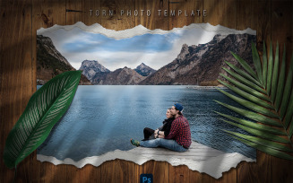 Torn photo template with leaves and shadows