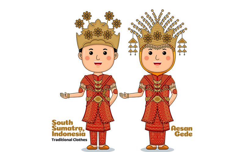 Welcome Gesture with Couple South Sumatra Traditional Clothes Vector Graphic