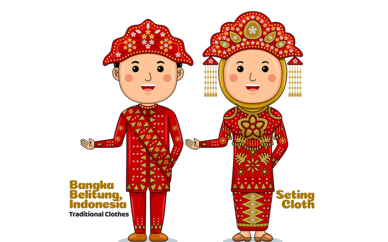 Welcome Gesture with Couple Bangka Belitung Traditional Clothes Vector Graphic