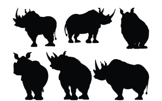Peaceful rhino standing silhouette set
