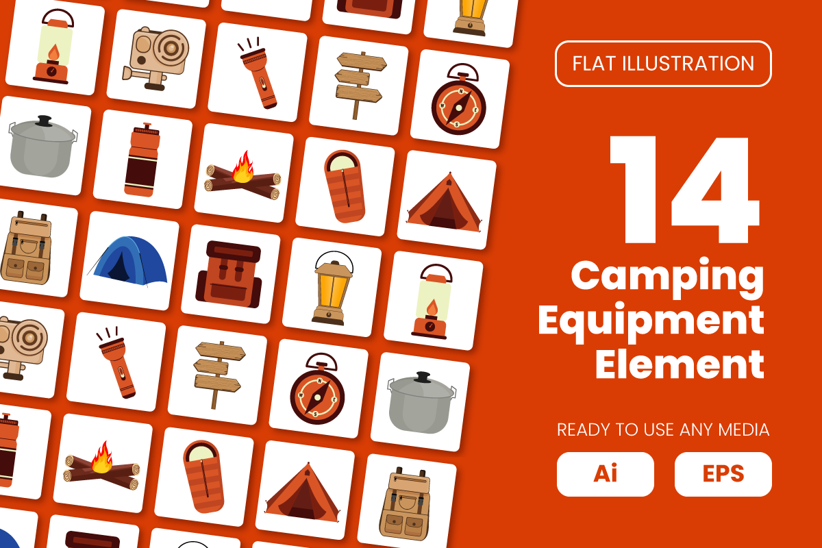 Collection of Camping Equipment Element in Flat Illustration