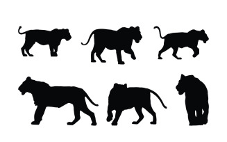 Lion walking and running silhouette set
