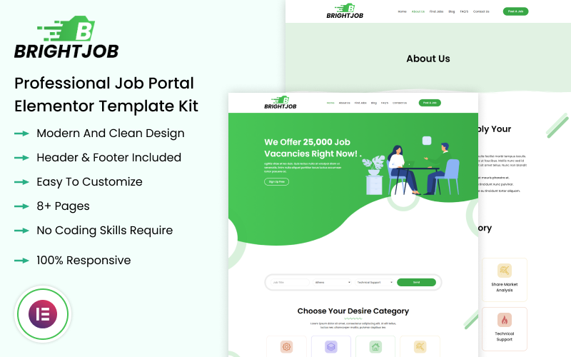 Brightjob - Professional Job Portal Elementor Template Kit Elementor Kit