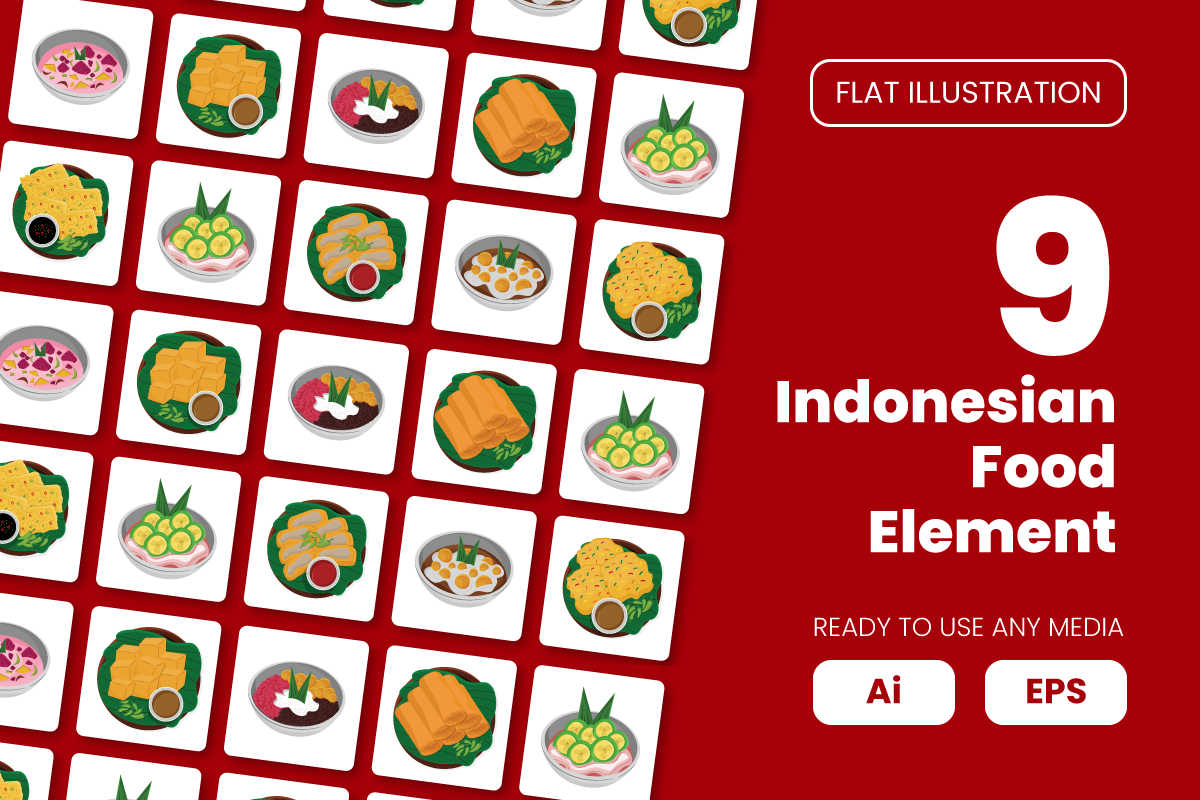 Collection of Indonesian Food Element in Flat Illustration