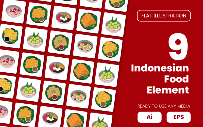 Collection of Indonesian Food Element in Flat Illustration Vector Graphic