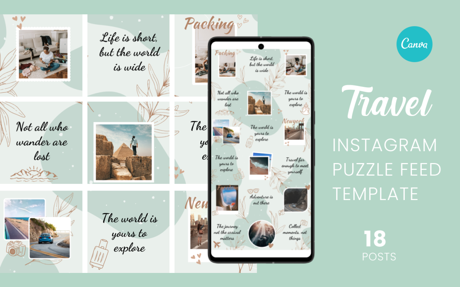 Travel Instagram Puzzle Feed Canva Template - 18 Instagram Posts