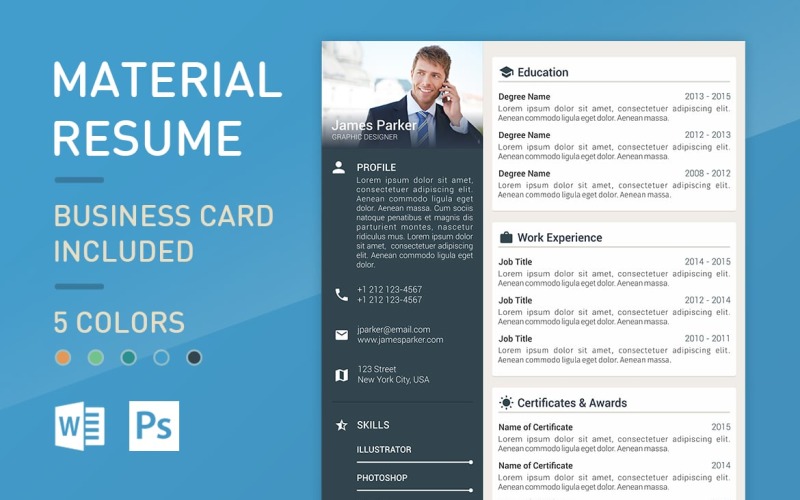 Material Resume - Professional CV Resume with Cover letter, Portfolio and Business Card Resume Template