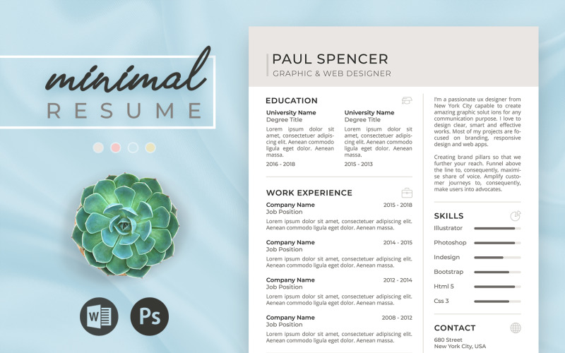 Minimal Resume - Editable CV Resume with Cover Letter Resume Template