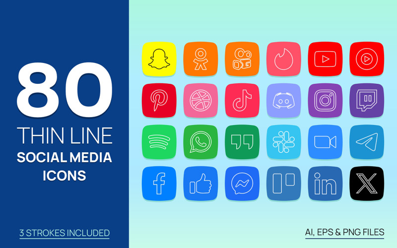 Thin Line Social Media Icons Icon Set